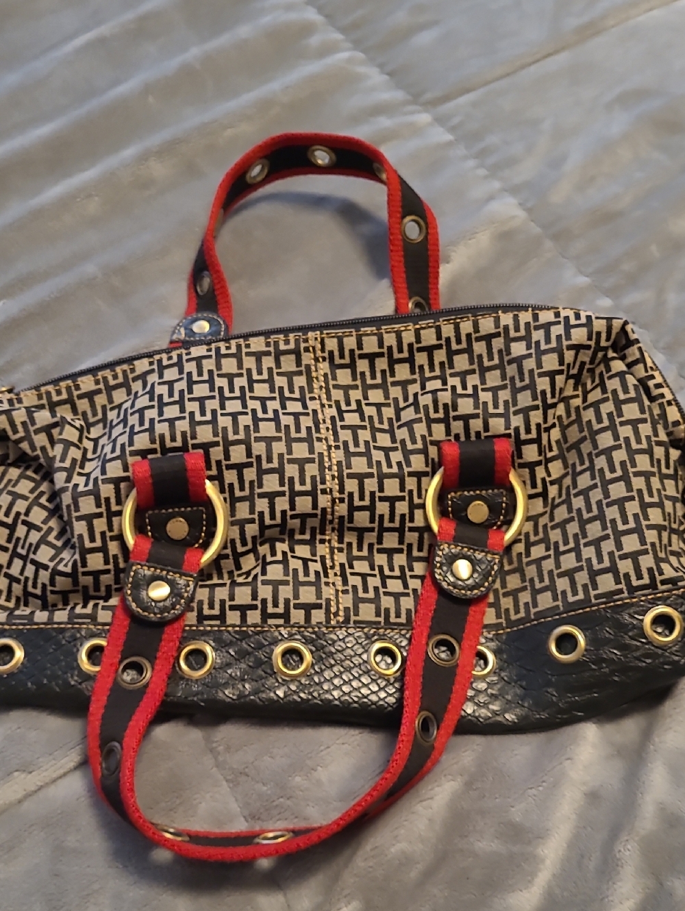 Tommy Hilfiger Patterned Shoulder Bag with Red & Black Strap Accents